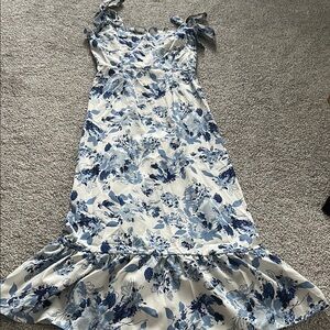 Blue and White Ruffled Midi Floral Dress